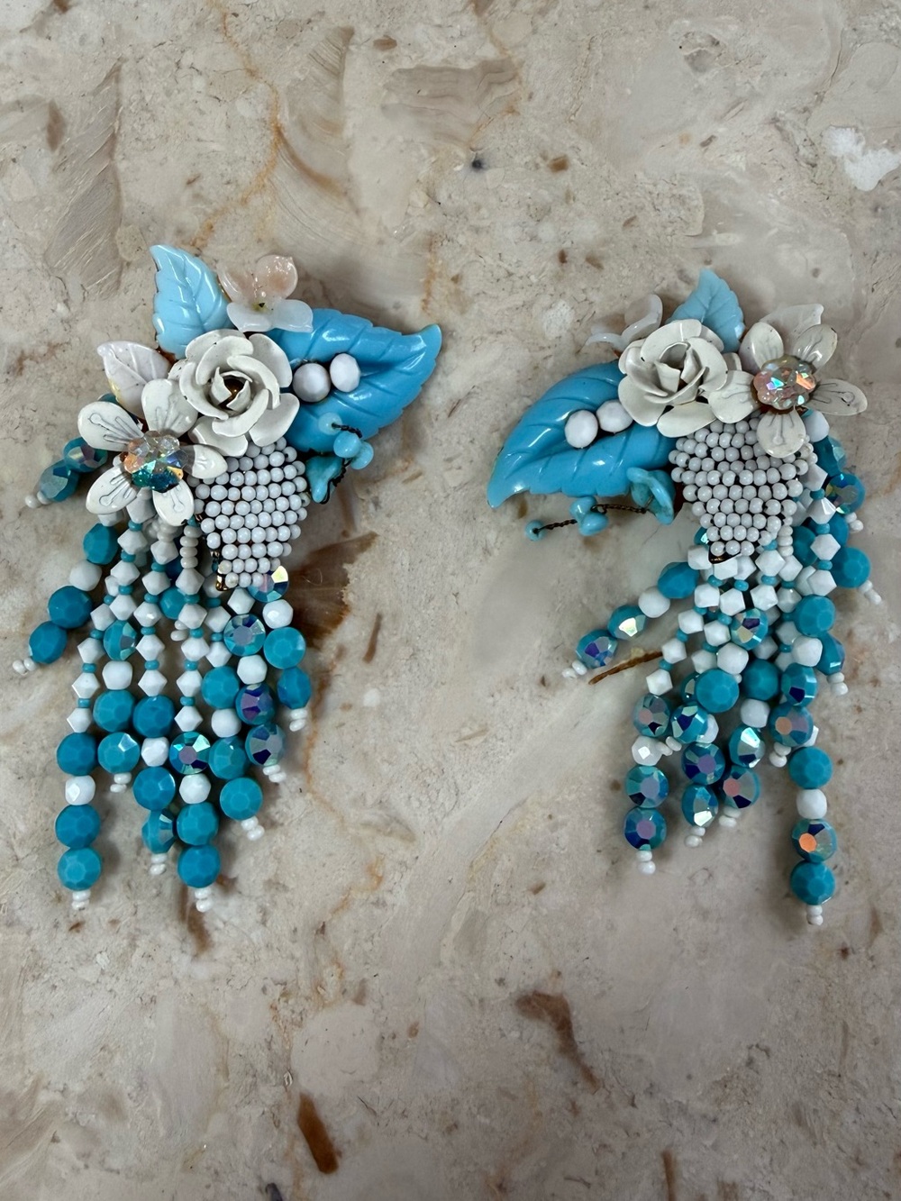 Turquoise and White Floral Beaded Dangle Earrings Clip On